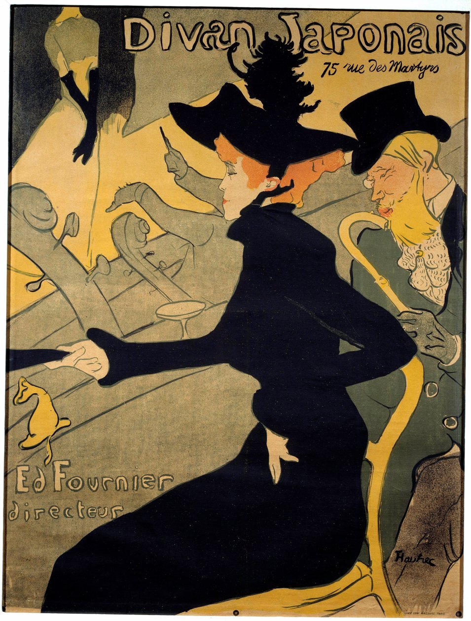 Poster for the Parisian cabaret “” The Japanese couch”” depicting the dancer Jane Avril (1868-1943) and the dancer. writer Edouard Dujardin (1861-1949) watching singer Yvette Guilbert (1867-1944) performing on stage - Lithography by Henri de Toulouse-Lautr بواسطة هنري دي تولوز لوتريك