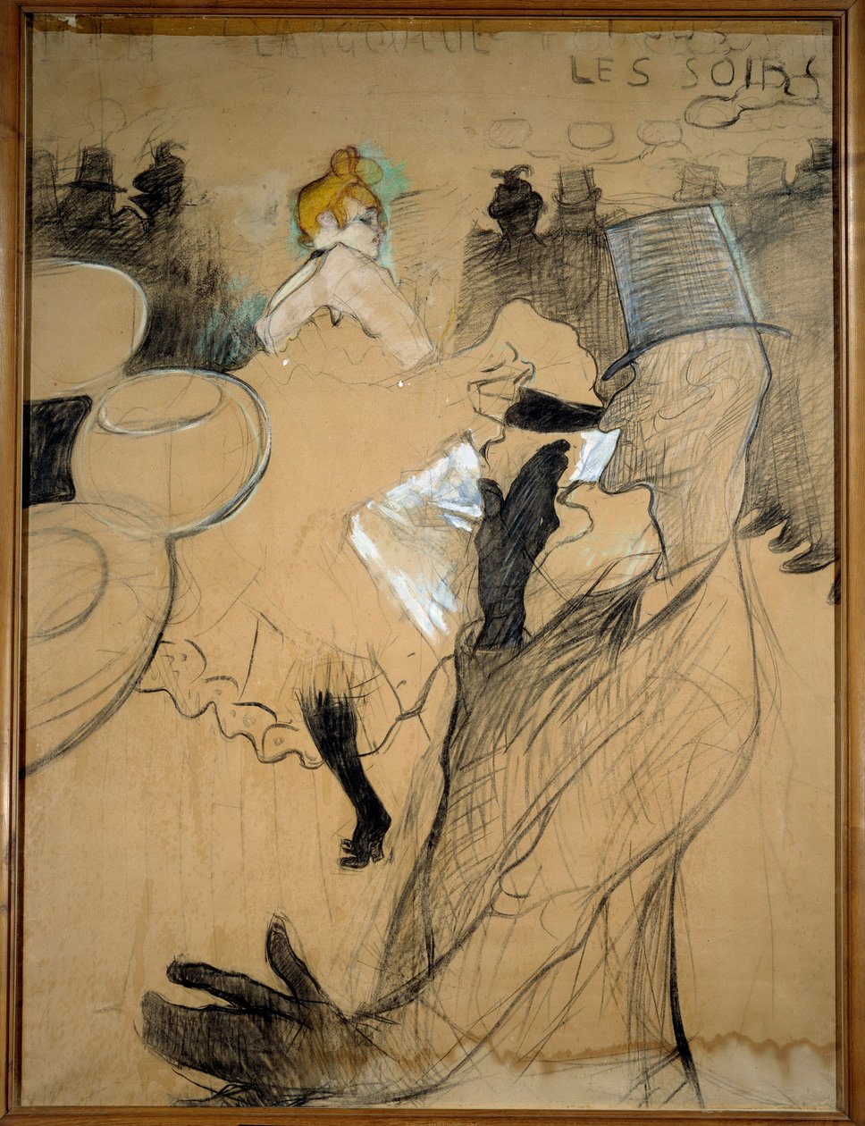 The red mill, the Goulue and Valentin le Desosse. Sketch, charcoal with coloured highlights. Drawing by Henri De Toulouse Lautrec (1864-1901) بواسطة هنري دي تولوز لوتريك