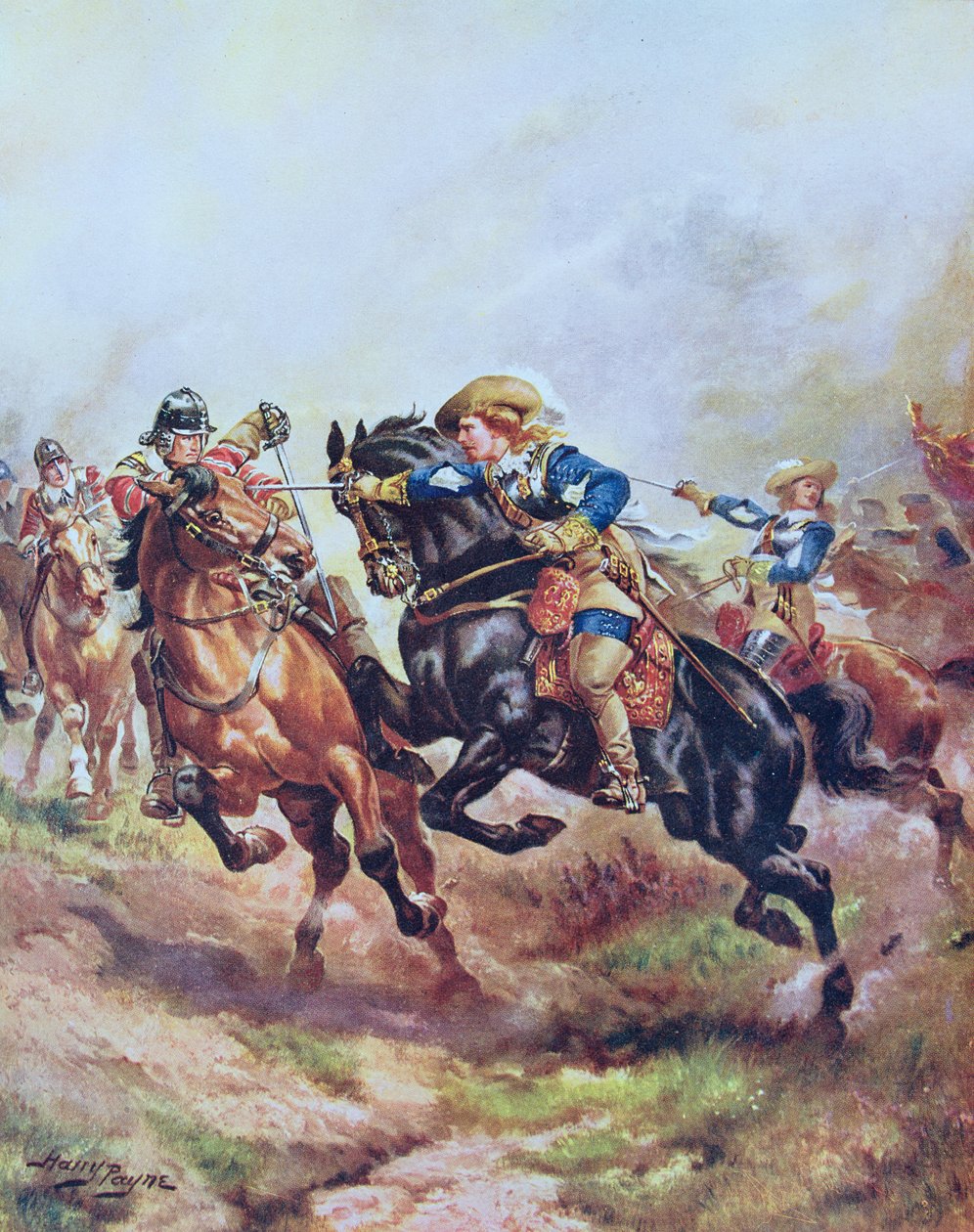 سلاح الفرسان الأمير روبرت في إيدجهيل في 1642 ، رسم توضيحي من "قصة الأمة البريطانية" هتشنسون c.1920 بواسطة هنري أ. باين