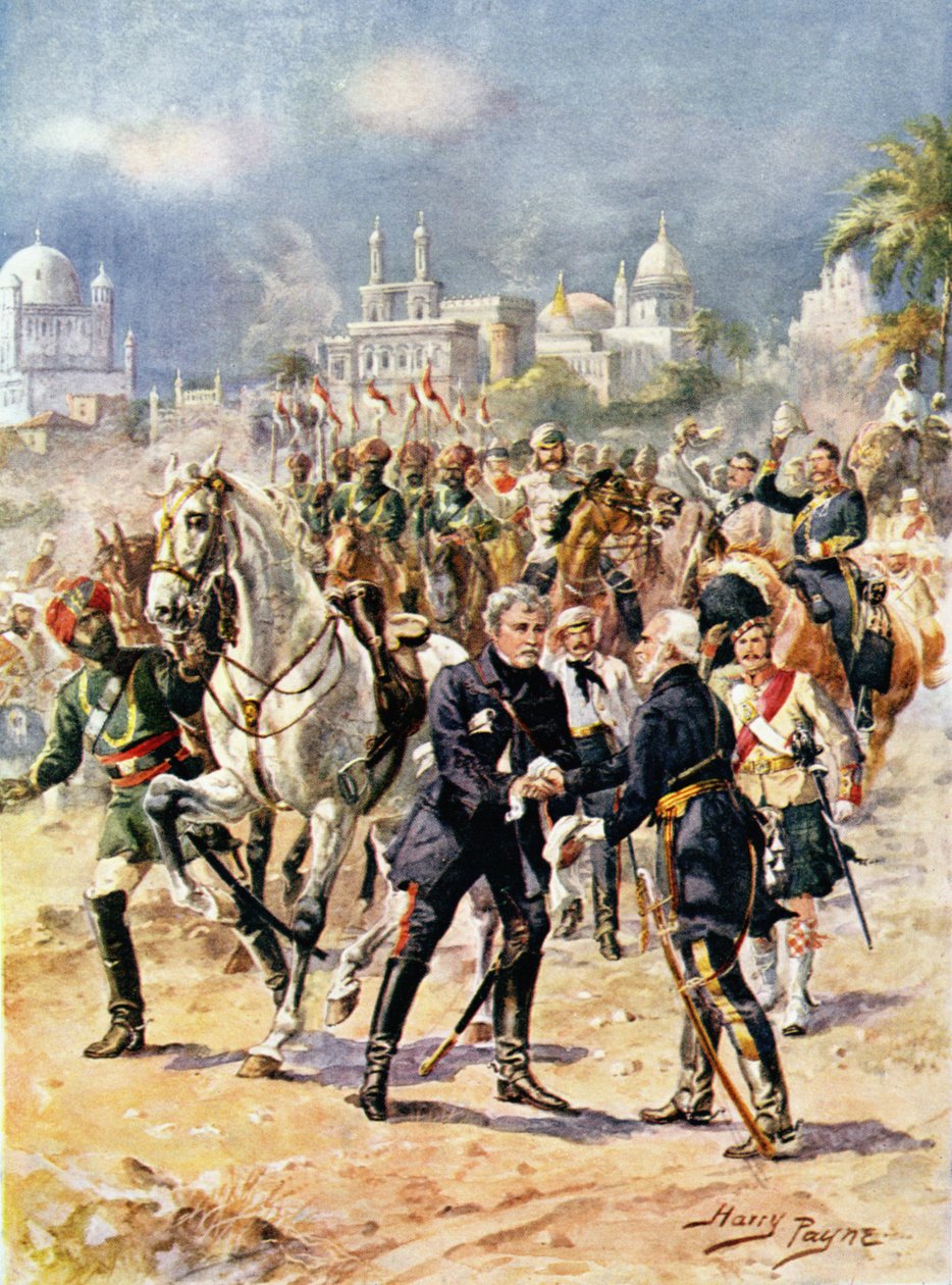 اجتماع السير كولين كامبل (1792-1863) وتوضيح عام أوترام من فيلم "المعارك المجيدة لتاريخ اللغة الإنجليزية" للرائد CH Wylly ، عشرينيات القرن العشرين بواسطة هنري أ. باين