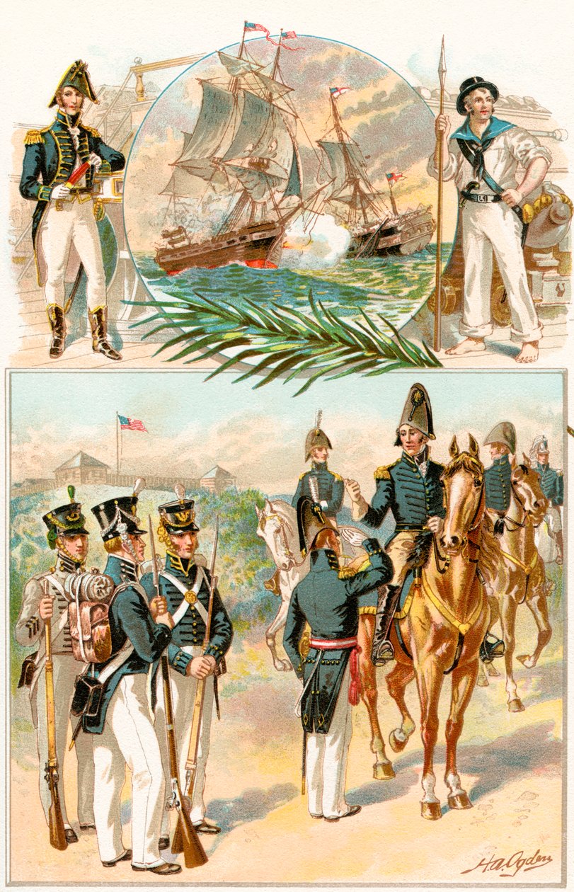 زي الجيش الأمريكي والبحرية الأمريكية خلال حرب عام 1812 ، من تاريخ بلادنا ، نشر عام 1905 بواسطة هنري ألكسندر أوجدن