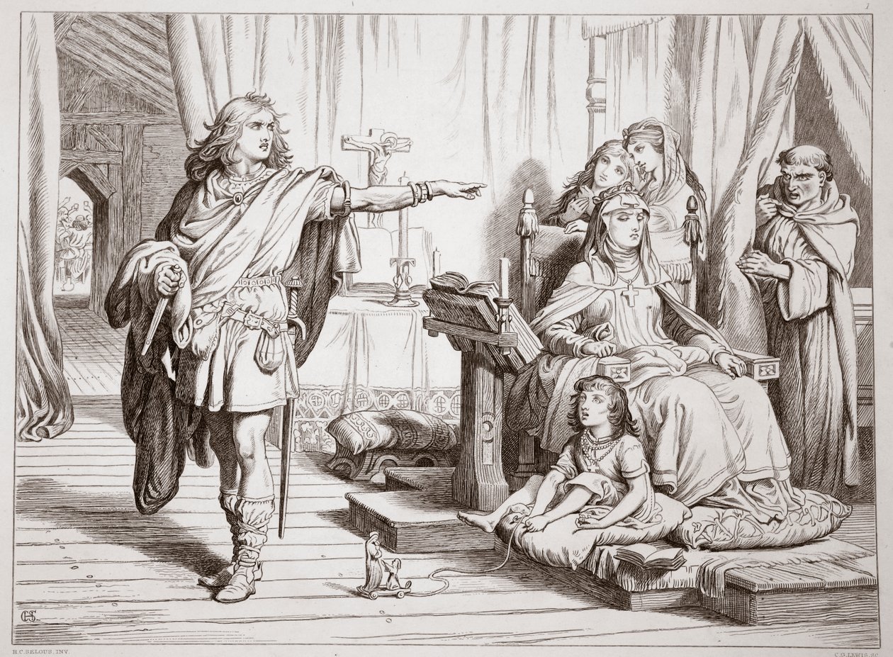 مقابلة Hereward مع والدته والكاهن Herluin ، توضيح من Hereward the Great بواسطة Charles Kingsley ، الحانة. عام 1870 ، نقشها سي جي لويس (نقش ألواح الصلب) بواسطة هنري كورتني سيلوس