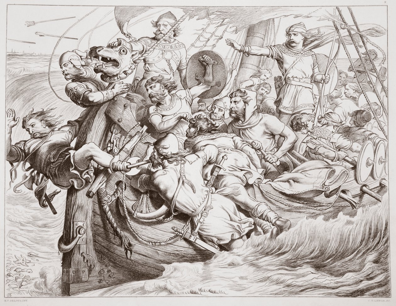 كيف يدير Hereward سفينته على شاطئ فلاندرز ، التوضيح من Hereward the Great بواسطة Charles Kingsley ، الحانة. عام 1870 ، نقشها سي جي لويس (نقش ألواح الصلب) بواسطة هنري كورتني سيلوس
