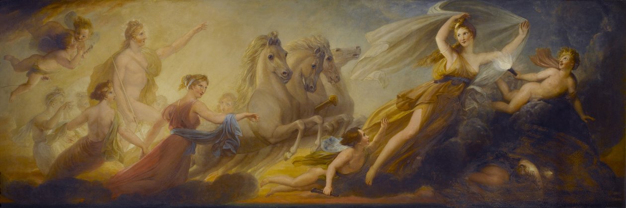 `` Phoebus في سيارته ، يسبقه Aurora و Morning Star بقيادة ساعات - Jocund to Run ، طريقه الطويل `` High&39;ns High Road ، Zephyrs are Sporting in Train &39;&39; ، 1836 (زيت على الماهوجني p بواسطة هنري هوارد