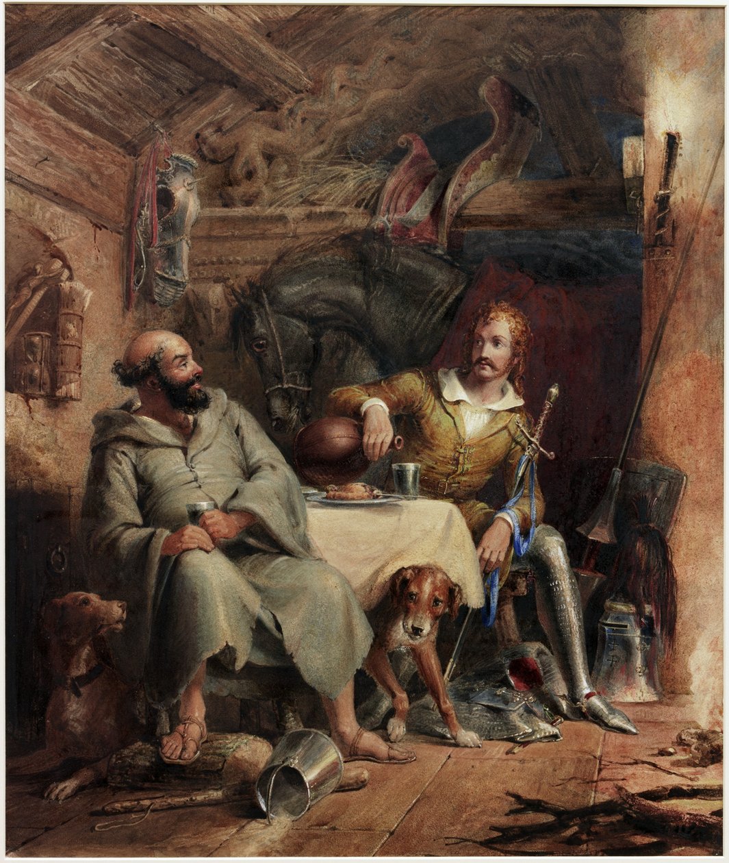 Friar Tuck and the Black Prince (ألوان مائية وألوان الجسم على ورق على البطاقة) بواسطة هنري Liverseege
