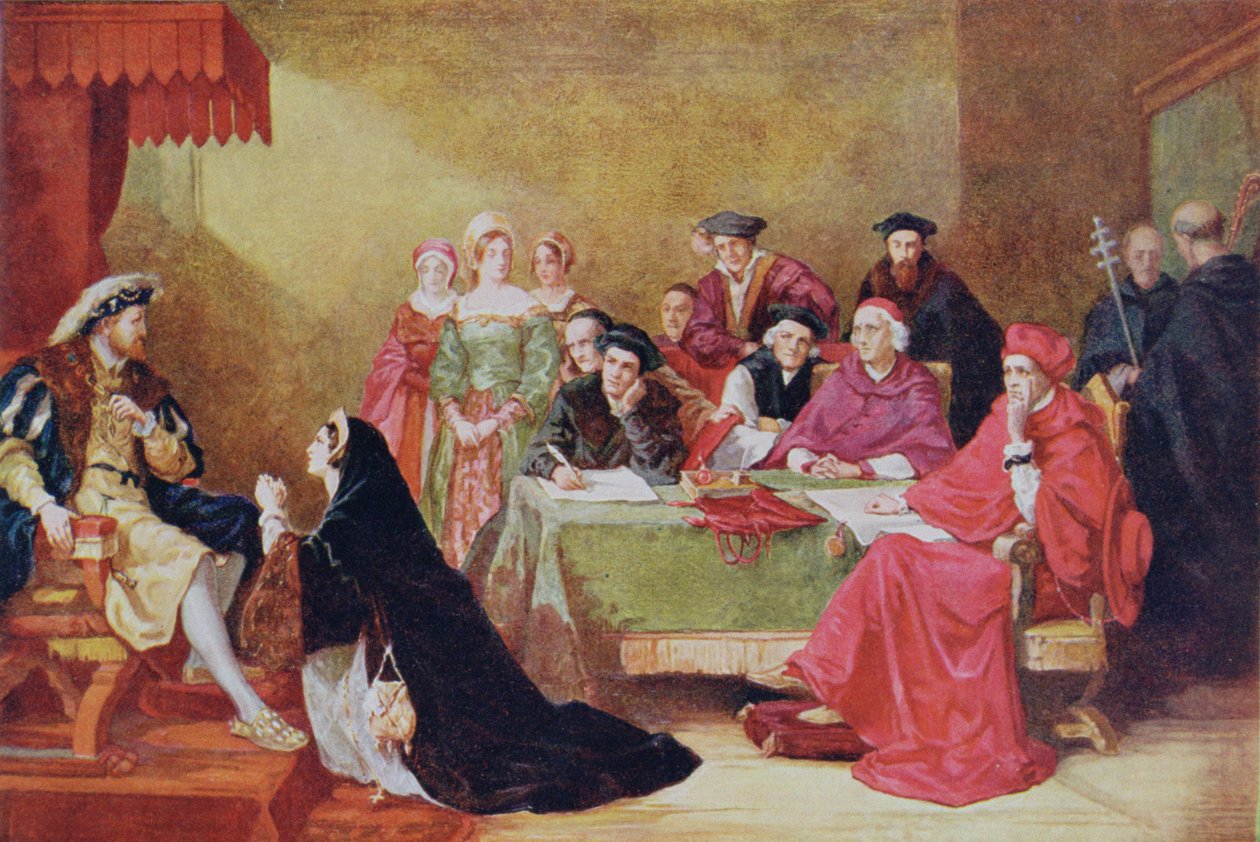 محاكمة كاترين أوف أراغون (1485-1536) من "قصة هتشنسون عن الأمة البريطانية" بواسطة هنري نيلسون أونيل