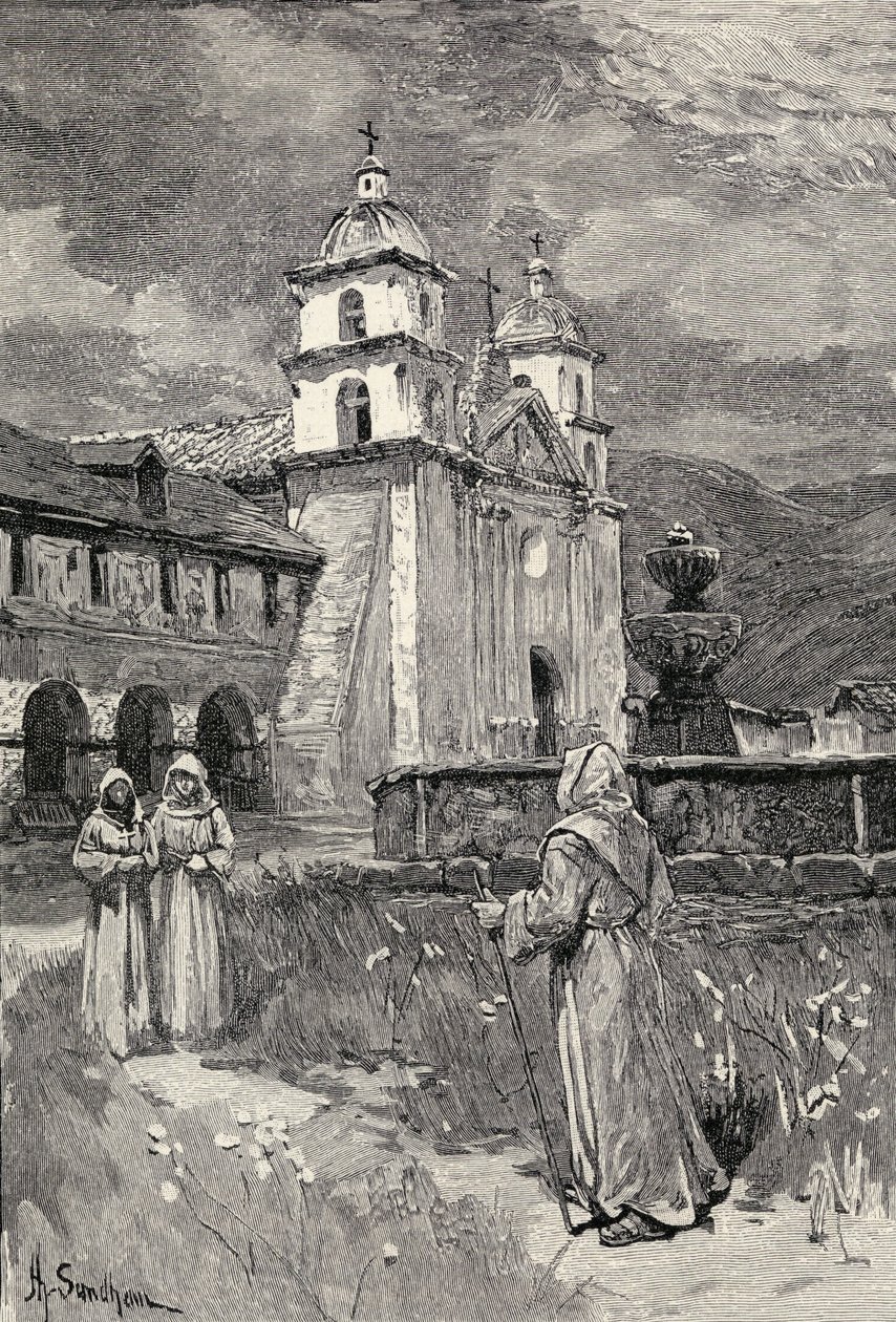 نافورة ورسالة ، سانتا باربارا ، كاليفورنيا ، من مجلة The Century Illustrated الشهرية ، مايو إلى أكتوبر 1883 بواسطة هنري ساندهام