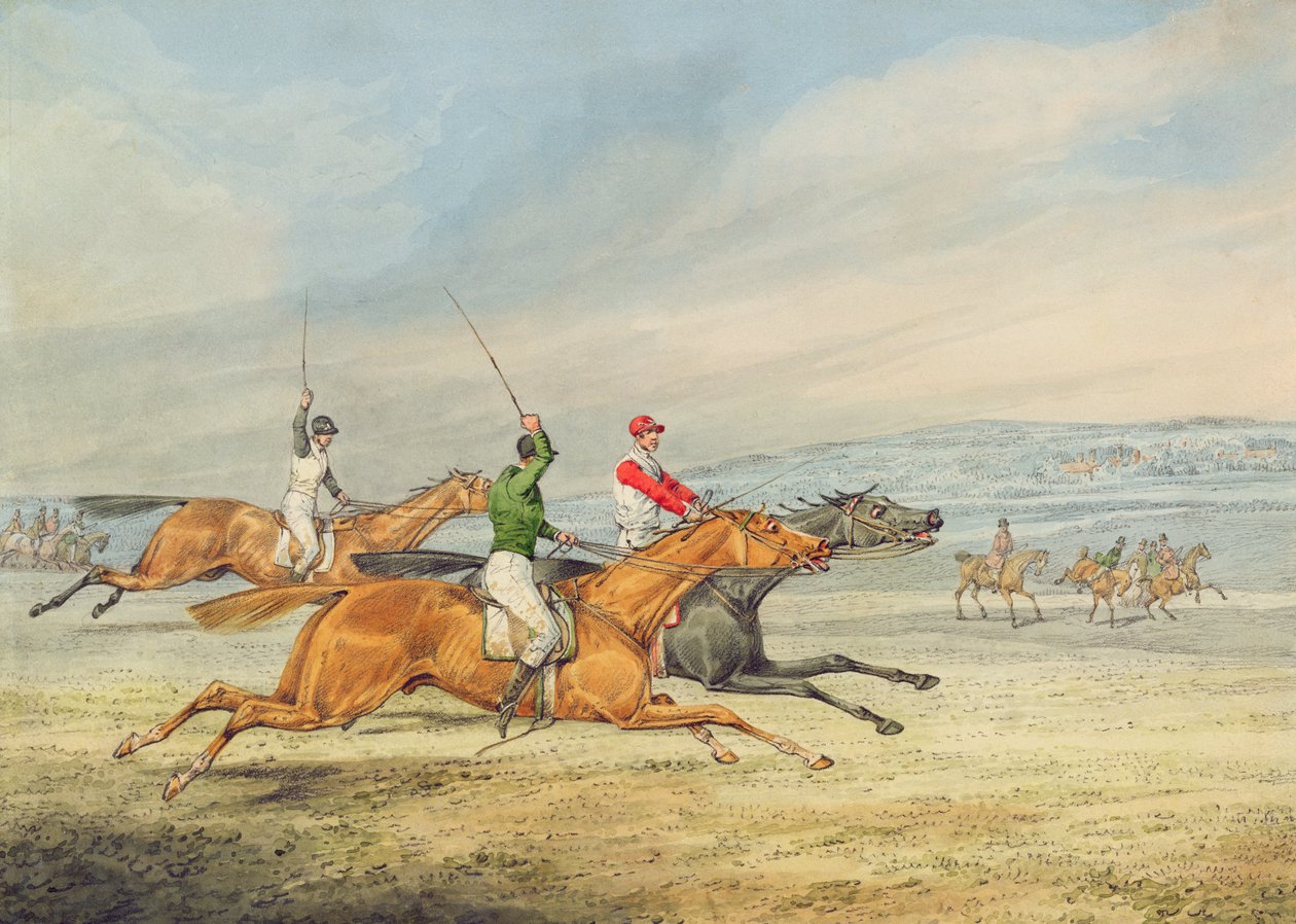 Steeplechasing: ثلاثة ركاب يركضون إلى اليمين ، متفرجين مثبتين في الخلفية (الجرافيت و wc على الورق) بواسطة هنري توماس الكين