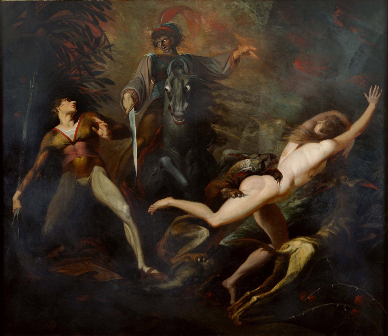 "" ثيودور يلتقي بشبح سلفه جويدو كافالكانتي "" رسم توضيحي للقصيدة "ثيودور وهونوريا" لجون درايدن - رسم هنري فوسيلي (يوهان هاينريش فوسلي بواسطة يوهان هاينريش فوسلي