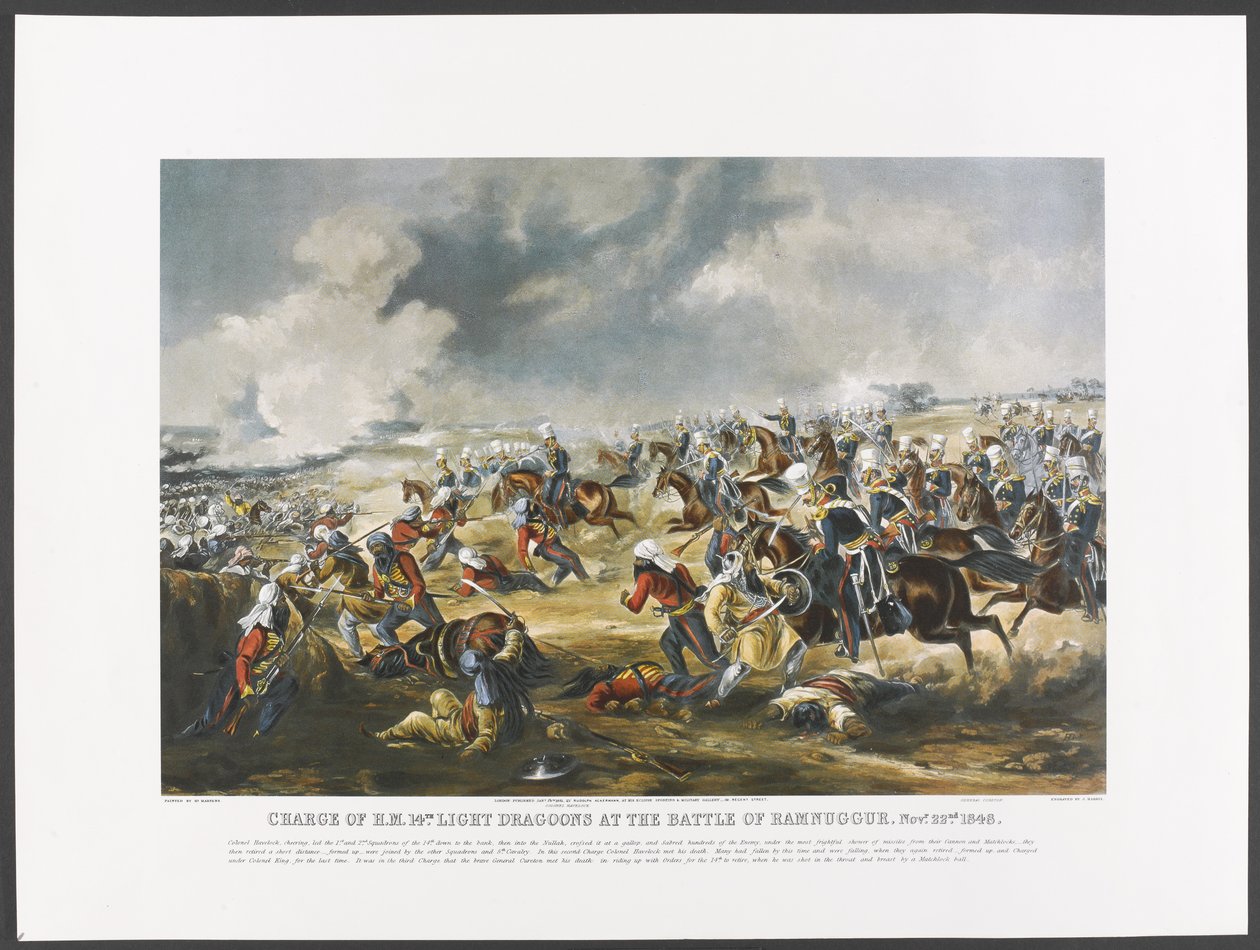 المسؤول عن جلالة الملك. التنين الخفيف الرابع عشر في معركة رامنوغور ، 22 نوفمبر 1848 ، نقشها جيه هاريس ، حوالي 1851 (صورة فوتوغرافية ملونة) بواسطة هنري (بعد) مارتنز