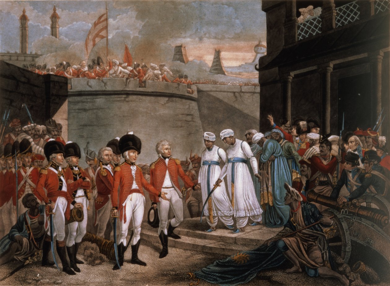 استسلام ابني تيبو صاحب (1749-99) كرهينتين تعويضًا عن الحرب ضد بريطانيا بواسطة هنري (بعد) المفرد