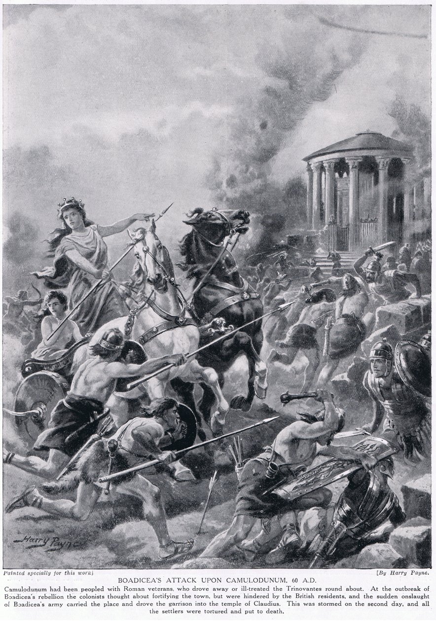 هجوم Boadicea على Camulodunum في 60 بعد الميلاد ، من `` قصة هاتشيسون للأمة البريطانية &39;&39; ، c.1920 بواسطة هنري أ. باين