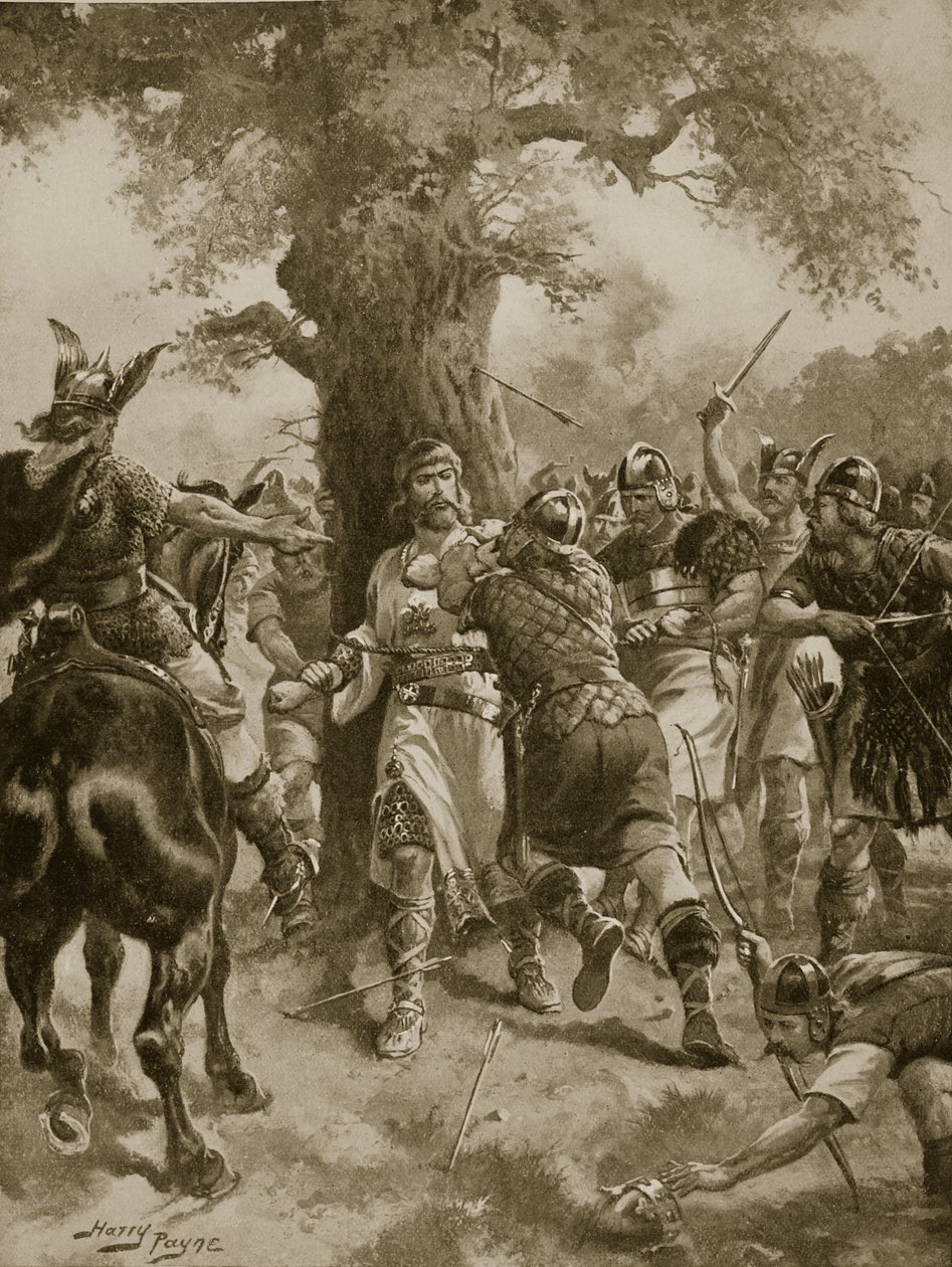 سانت إدموند سلين من قبل الدنماركيين ، 870 م ، رسم توضيحي من "قصة هتشنسون للأمة البريطانية" ، ج .2020 بواسطة هنري أ. باين