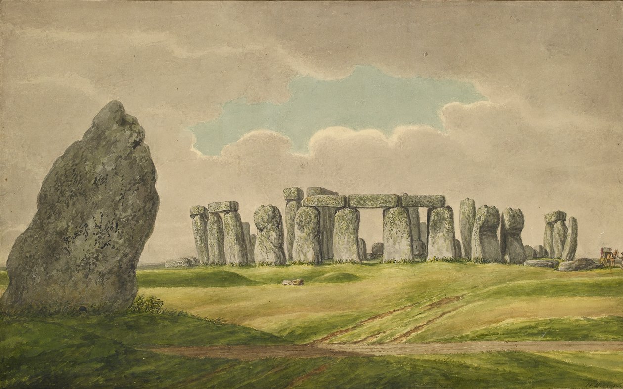 ستونهنج من الشمال الشرقي ، تظهر الآثار وحجر الكعب مع عربة ، حصان ، شخص ، 1824-1839 بواسطة هنري براون