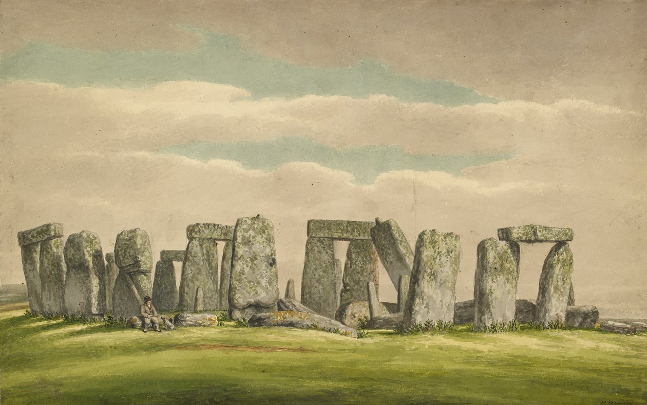 ستونهنج من شمال غرب ، تظهر أنقاض مع رجل وكلب ، 1824-1839 بواسطة هنري براون