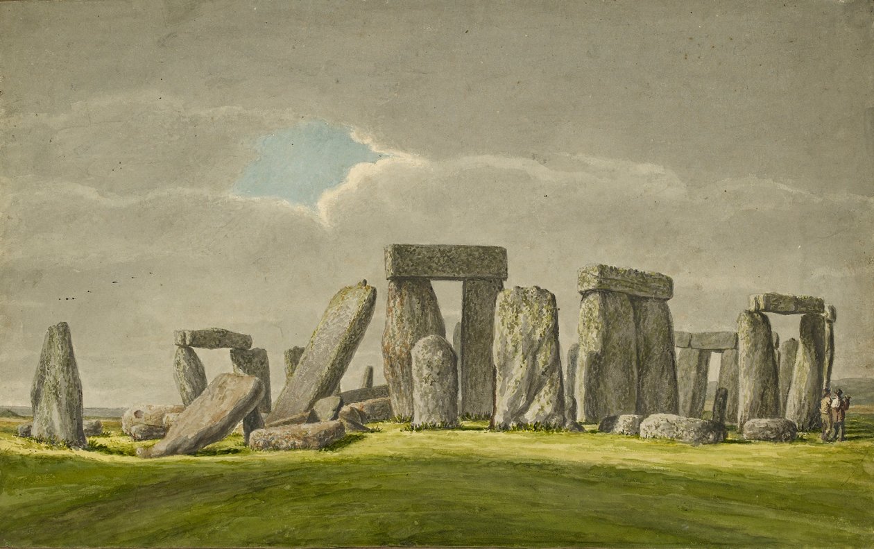 ستونهنج من الجنوب الشرقي ، تظهر الحجارة في حالة مدمرة مع زائرين اثنين ، 1824-1839 بواسطة هنري براون