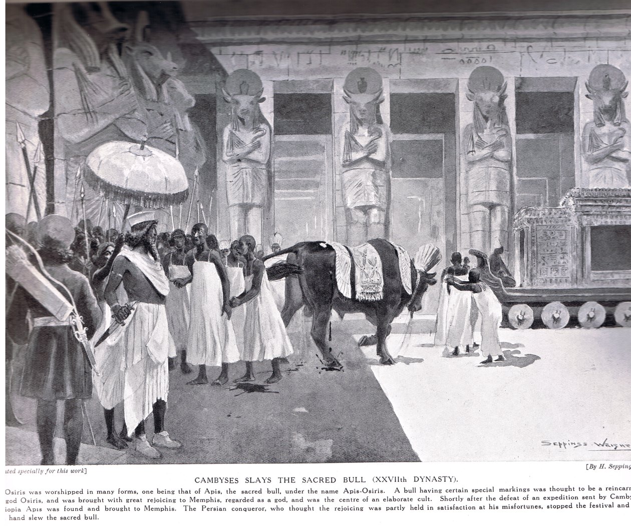قمبيز يذبح الثور المقدس ، التوضيح من "تاريخ الأمم في هاتشينسون" ، ج .1910 بواسطة هنري تشارلز سيبينجز رايت