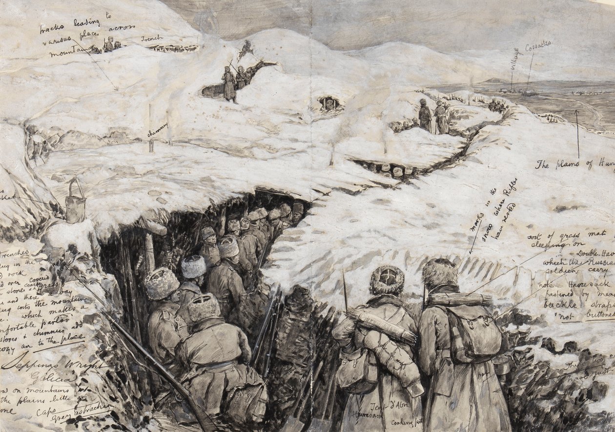 غاليسيا ، القوات الروسية في التلال المغطاة بالثلوج ، 13 مارس 1916 (الحبر والغواش على الورق) بواسطة هنري تشارلز سيبينجز رايت