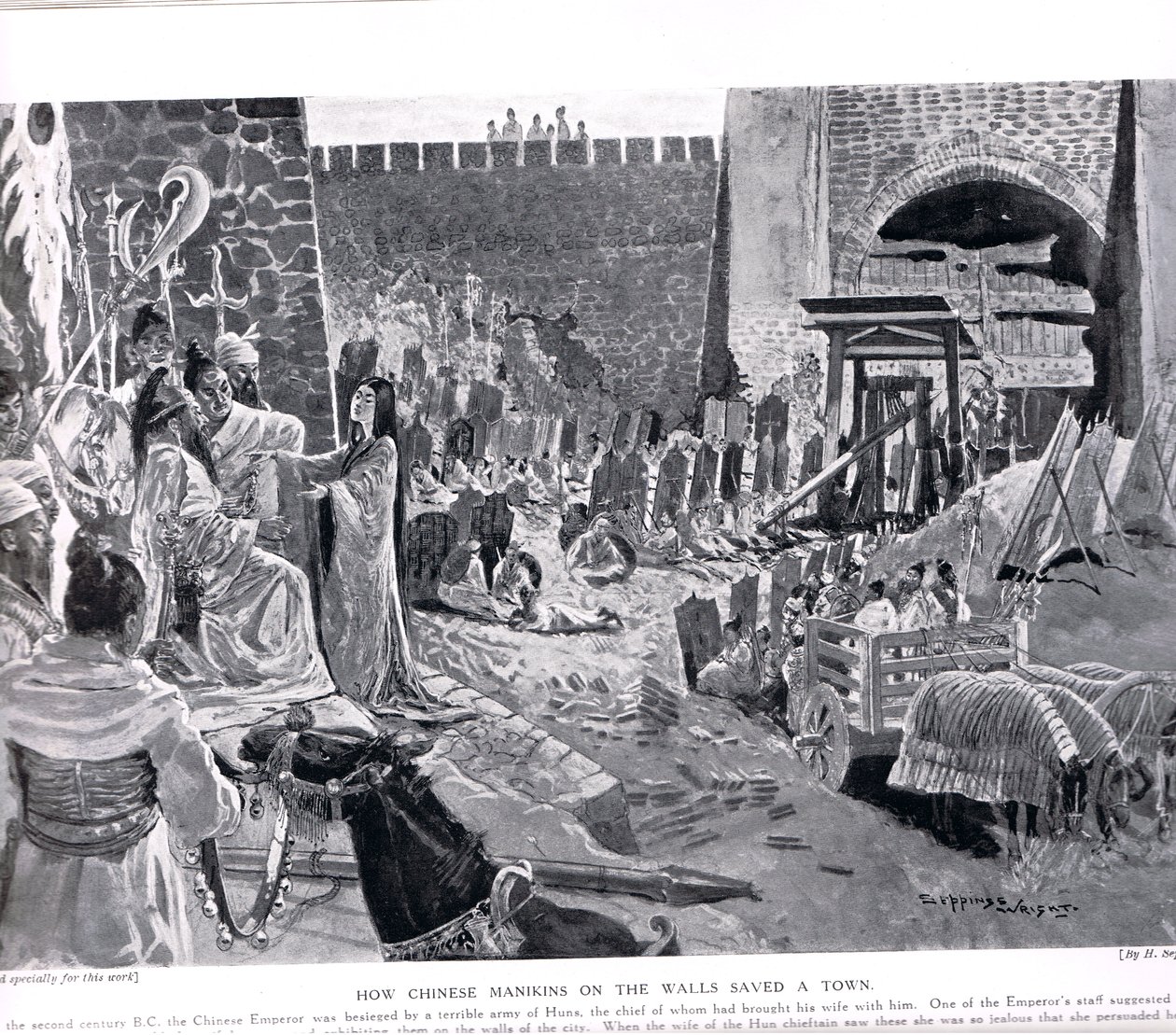 كيف أنقذت Maninkins الصينية على الحائط بلدة ، رسم توضيحي من &39;Hutchinsons History of the Nations&39; ، c.1920 بواسطة هنري تشارلز سيبينجز رايت