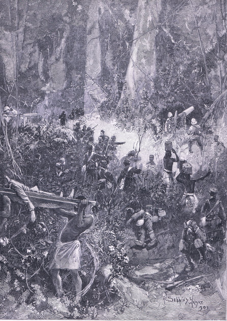 حرب أشانتي 1900: معركة في الغابة ، رسم توضيحي من تاريخ كاسيلز إنجلترا ، 1900 بواسطة هنري تشارلز سيبينجز رايت