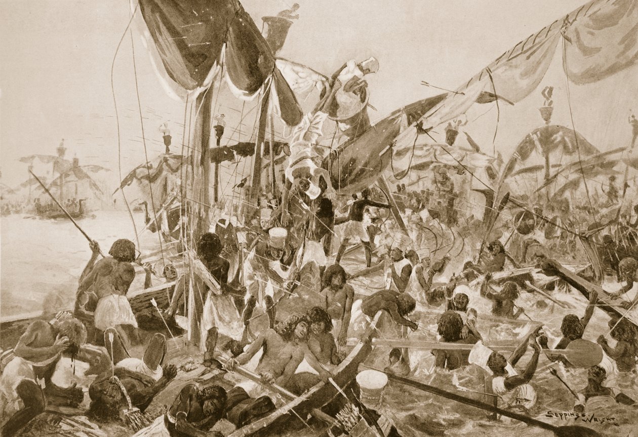 معركة البحر في بيلوسيوم ، توضيح من "تاريخ الأمم في هاتشينسون" ، ج .1910 بواسطة هنري تشارلز سيبينجز رايت