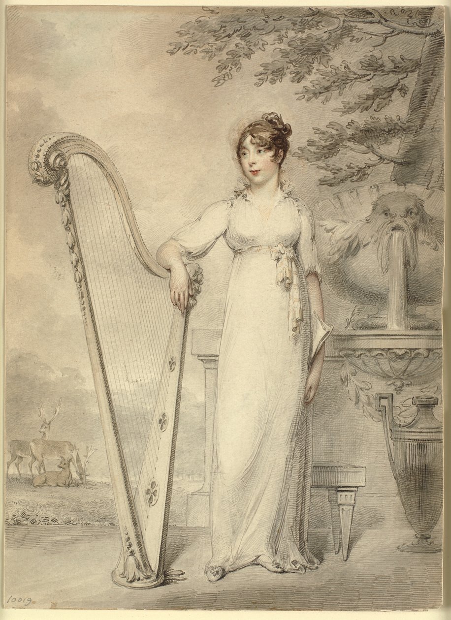 صورة بالحجم الكامل لـ "Miss V. Dupuis" وهي تسند ذراعها على قيثارة. في الخلفية نافورة ومنظر طبيعي به غزال بواسطة هنري إدريدج
