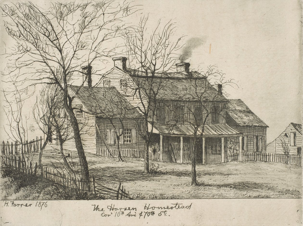 The Harsen Homestead، Corner of 10th Avenue and 70th Street from Scenes of Old New York، 1876. بواسطة هنري فارر