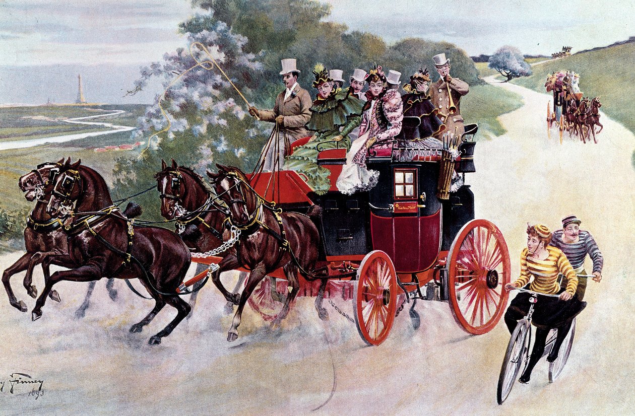 A hitch load of passengers and cyclists. Lithograph based on a painting by Henry Finney (19th century), about 1890. Private Collection بواسطة هنري فيني