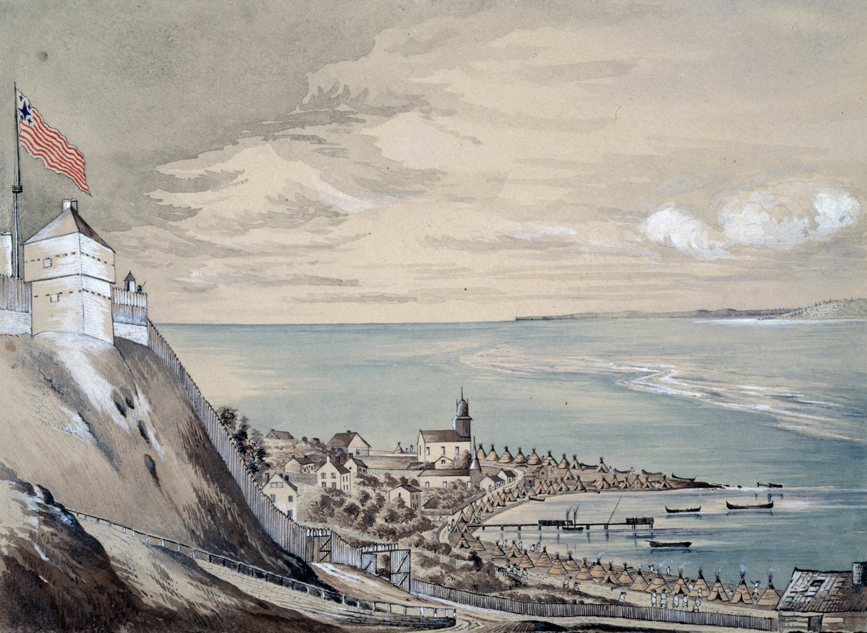 حصن وقرية ماكيناو ، مع المعسكر الهندي ، سبتمبر 1842 (مرحاض على ورق) بواسطة هنري فرانسيس أينسلي