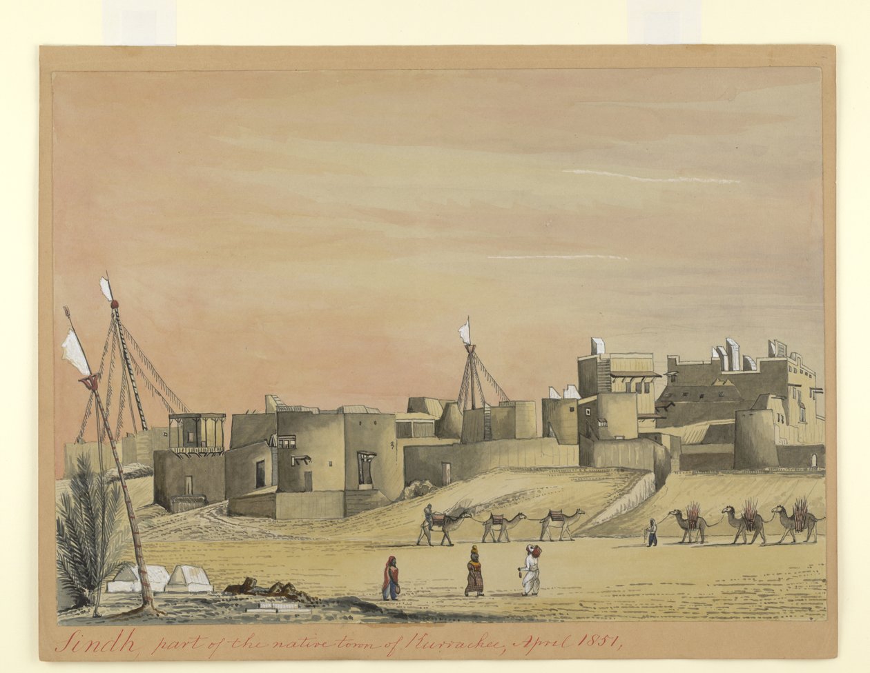 جزء من بلدة كوراتشي الأصلية (كراتشي) ، أبريل 1851 (ألوان مائية على ورق) بواسطة هنري فرانسيس أينسلي