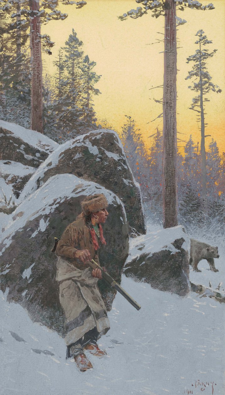 The Indian Bear Hunter ، 1911 (ألوان مائية على ورق مثبت على متن) بواسطة هنري فرانسوا فارني