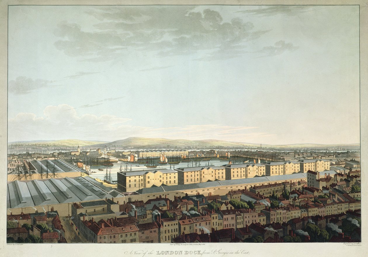 منظر لرصيف لندن من سانت جورج في الشرق ، نقش دانيال هافيل ، الحانة. بواسطة T. Clay، 1816 (aquatint) بواسطة هنري هاسيلر