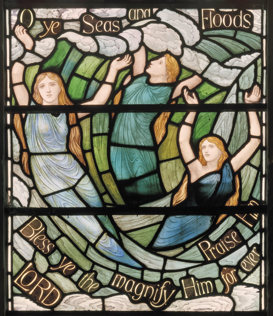 O Ye Seas & Floods ، تفاصيل نافذة Benedicite ، c.1895 (زجاج ملون) بواسطة هنري عطلة