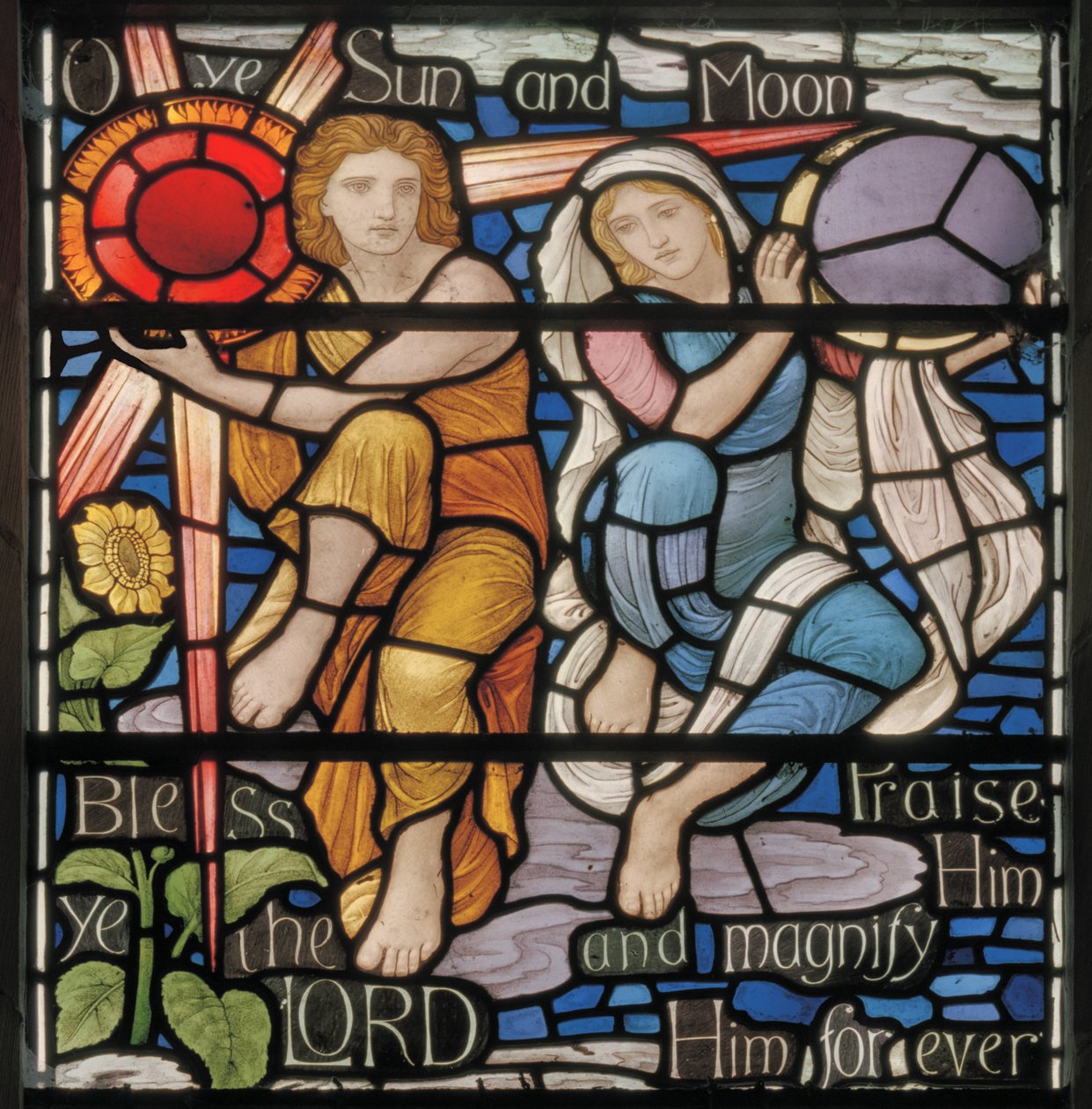 O Ye Sun & Moon ، تفاصيل نافذة Benedicite ، c.1895 (زجاج ملون) بواسطة هنري عطلة