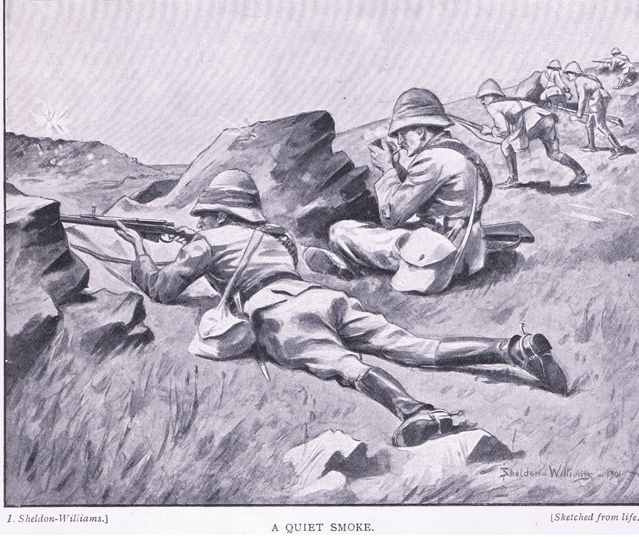 A quiet smoke, from After Pretoria: The Guerilla War published by Harmsworth Bros Limited بواسطة هنري إنجليس جودريل شيلدون ويليامز