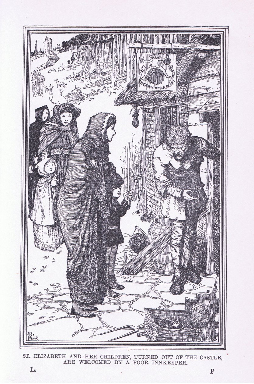 خرجت القديسة إليزابيث وأولادها من القلعة ورحبوا بها صاحب الحانة الفقيرة ، 1912 بواسطة هنري العدل فورد