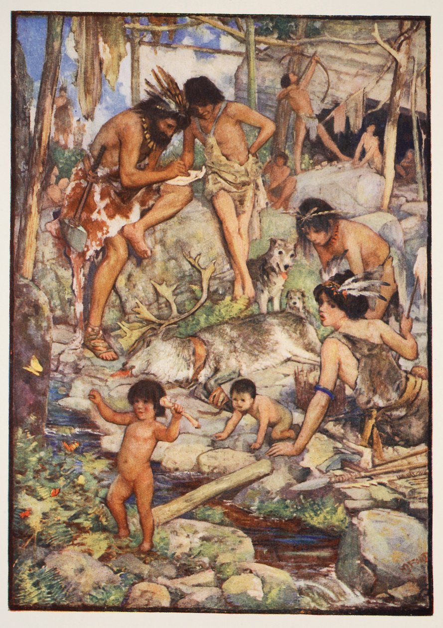 The Cave People ، رسم توضيحي من "تاريخ إنجلترا" بقلم CRL Fletcher و Rudyard Kipling ، 1911 بواسطة هنري العدل فورد