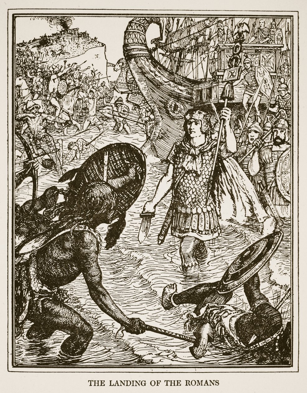 إنزال الرومان ، رسم توضيحي من "تاريخ إنجلترا" بواسطة CRL Fletcher و Rudyard Kipling ، 1911 بواسطة هنري العدل فورد
