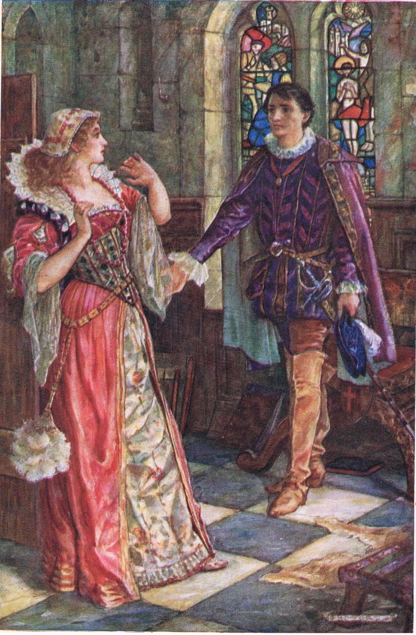 لقاء إيمي وتريزيليان في كومنور بليس ، رسم توضيحي من "كينيلورث" ، حوالي عام 1910 (ليثو ملون) بواسطة هنري العدل فورد