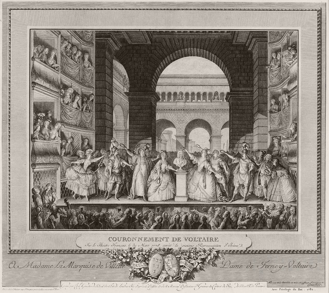 تتويج فولتير على المسرح الفرنسي ، 30 مارس 1778 ، بعد الأداء السادس لإيرين ، 1782 (النقش والحفر) بواسطة هنري لو جون