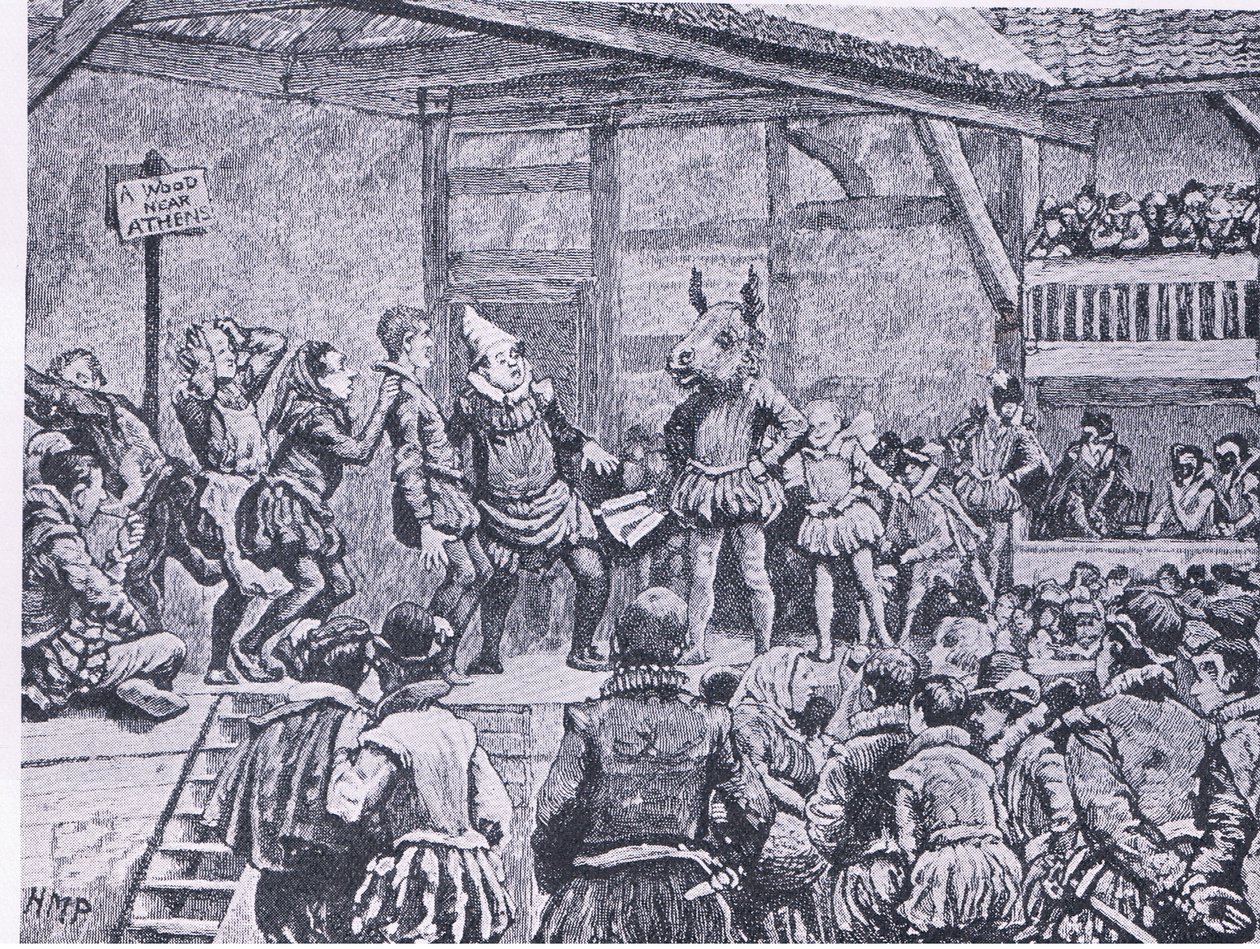 حلم ليالي منتصف الصيف كما تم أداؤه في مسرح إليزابيثي ، من Cassells History of the British People نشرته شركة Waverley Book Company ، عام 1950 بواسطة هنري ماريوت باجيت
