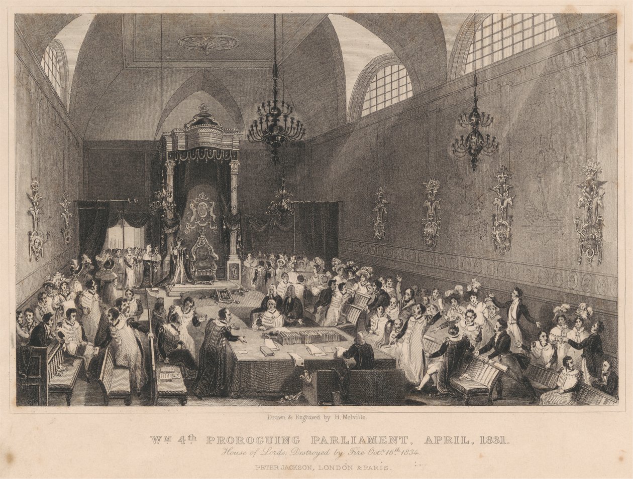 برلمان ويليام الرابع المؤيد ، أبريل 1831. مجلس اللوردات: دمرته النيران في 16 أكتوبر 1834 بواسطة هنري ملفيل