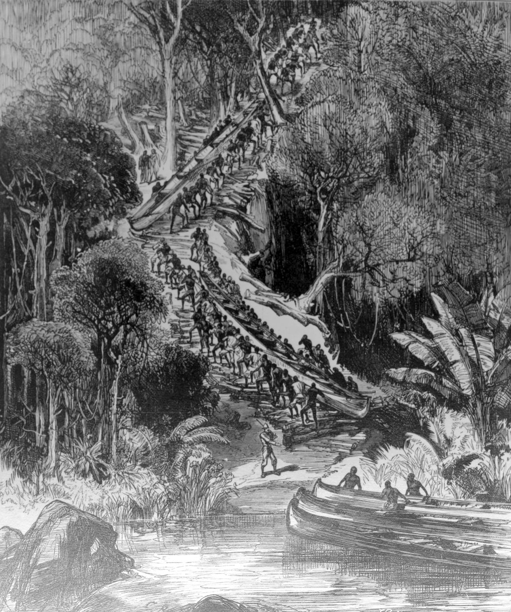 سحب Canoes Up Inkisi Falls ، نشر `` The London Illustrated London News &39;&39; 6 فبراير 1878 بواسطة هنري مورتون ستانلي