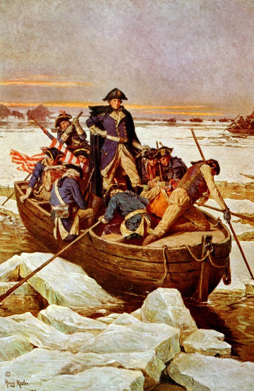 جورج واشنطن يعبر نهر ديلاوير ، 25 ديسمبر 1776. حادثة في الحرب الثورية 1775-1783 (حرب الاستقلال الأمريكية) عندما كان جورج واشنطن (1732-1799) القائد الأعلى للجيش الأمريكي. شكل توضيحي c1912. بواسطة هنري موسلر