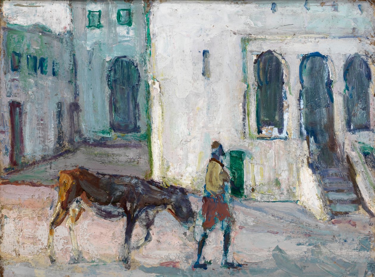 مشهد الشارع ، رجل طنجة يقود عجل ، كاليفورنيا. 1910. بواسطة هنري اوساوا تانر