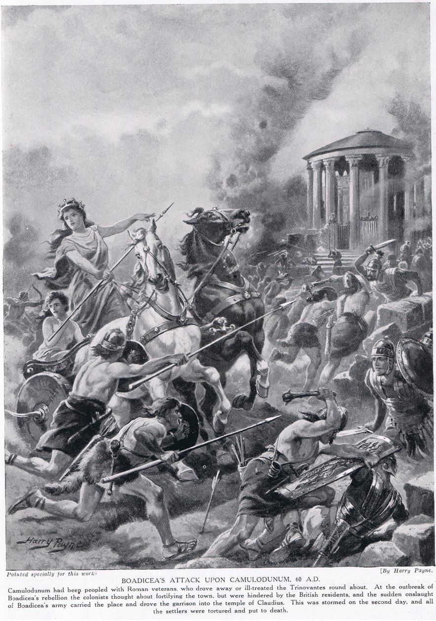 هجوم Boadicea على Camulodunum ، توضيح من `` تاريخ الأمم في Hutchinson &39;&39; ، ج .1910 بواسطة هنري باين