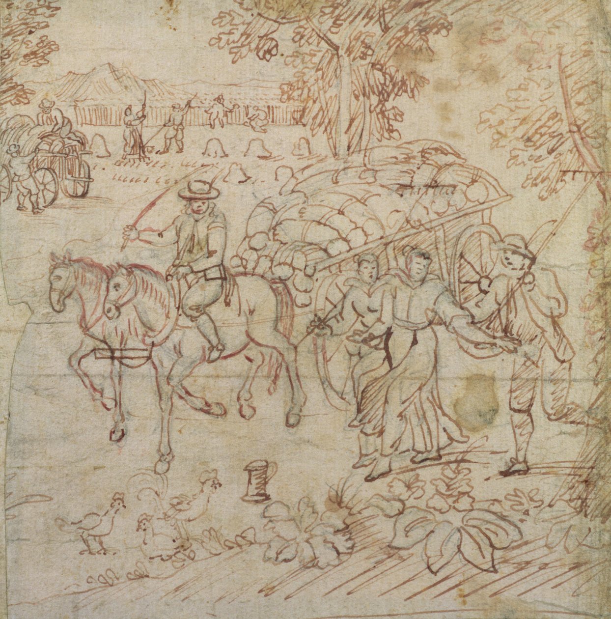 منظر طبيعي مع عودة الحصادات إلى المنزل ، c.1595-1605 (قلم وحبر بني على ورق) بواسطة هنري بيشام