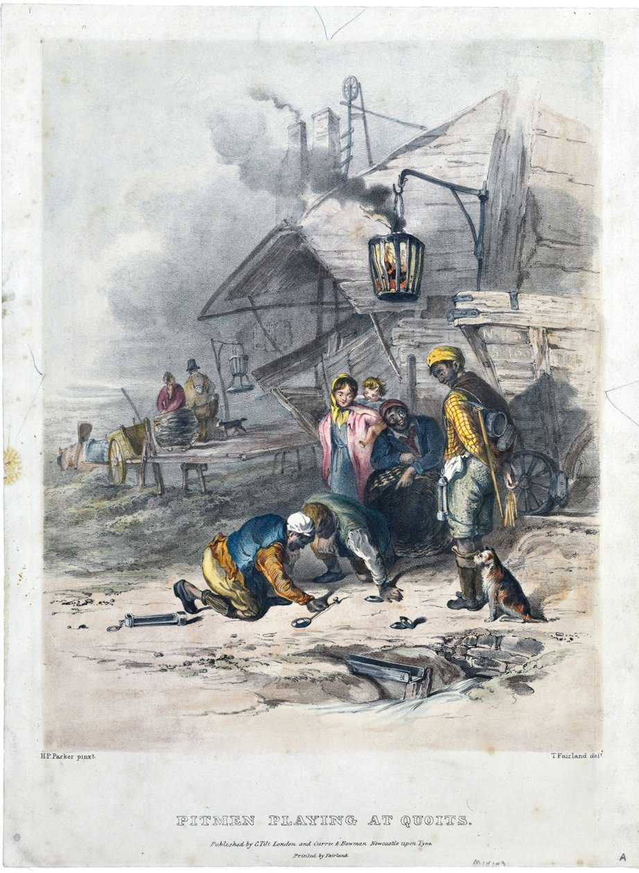 عمال الحفر يلعبون الكويتس، حوالي عام 1837 (طباعة حجرية ملونة باليد على ورق) بواسطة هنري بيرلي باركر