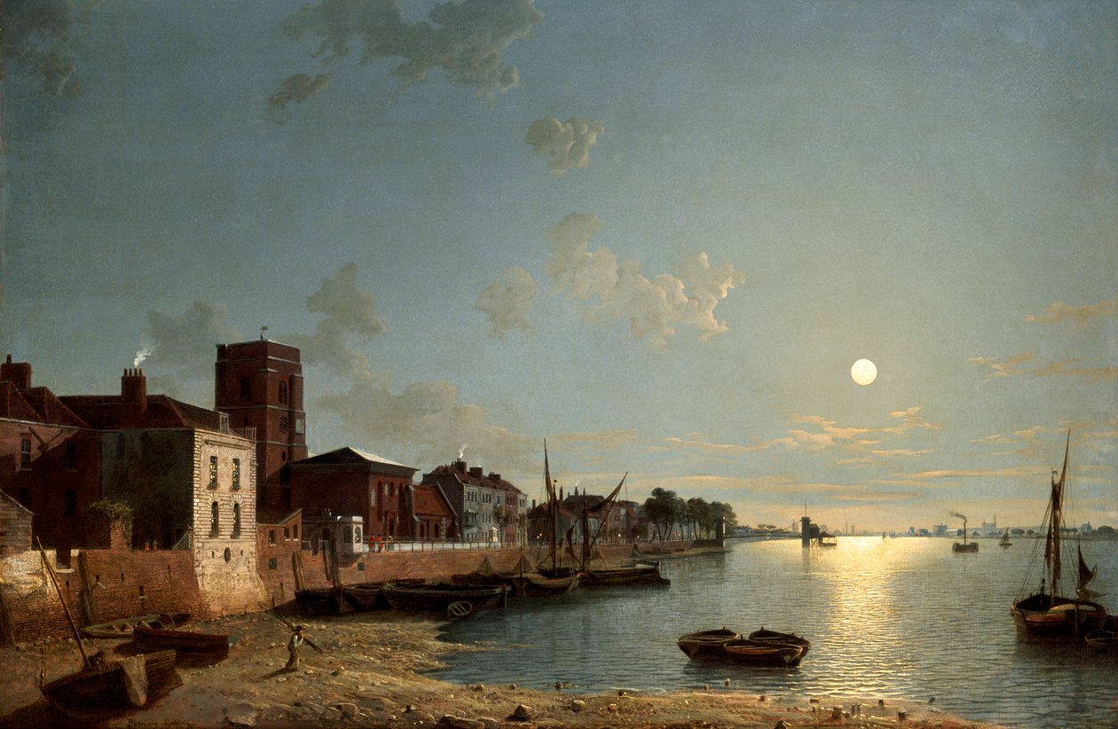 "Cheyne Walk in Chelsea، by Moonlight"، c1850 بواسطة هنري بيتر