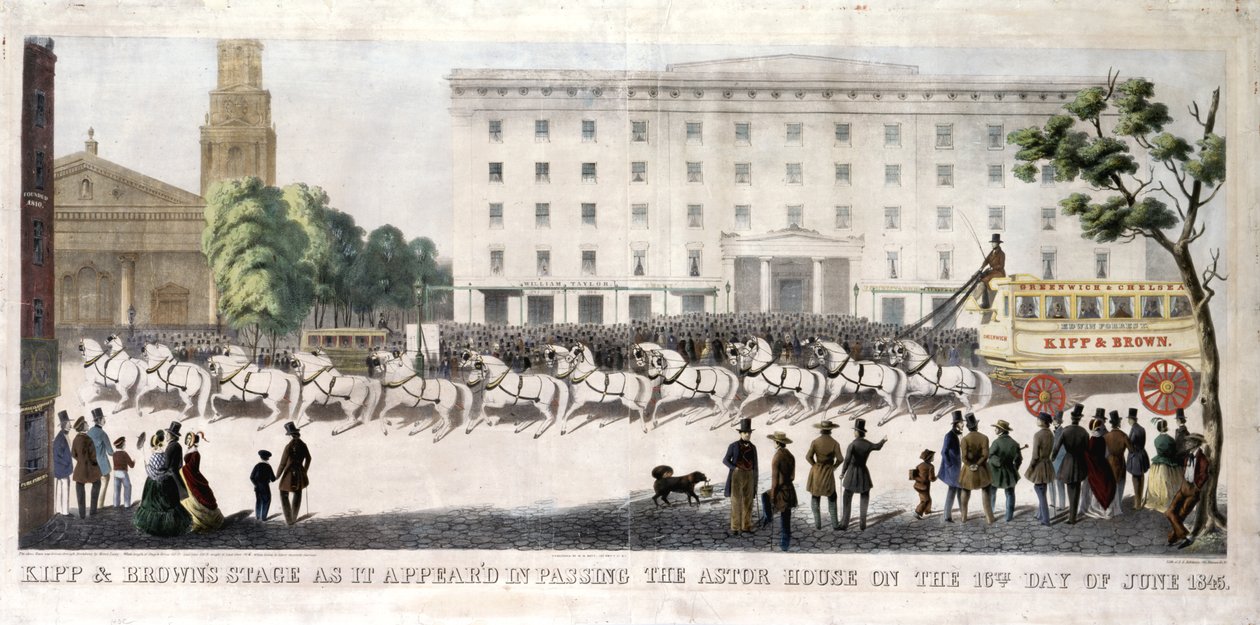 Kipp and Brown&39;s Stage كما ظهرت في اجتياز Astor House في يوم 16 يونيو 1845 ، 1845 (ليثو ملون يدويًا) بواسطة هنري ر. روبنسون